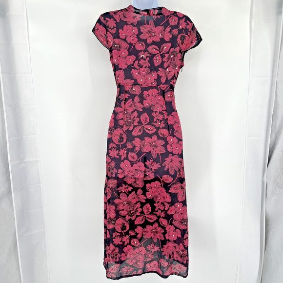 Y2K Sheer Midi Babydoll Dress Floral Sequin Asymmetric Hem Boho Festival Lace - Picture 8 of 10